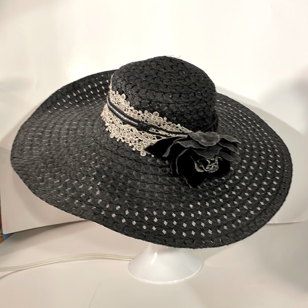 Black straw floppy wide brimmed ladies custom decorated sun beach hat